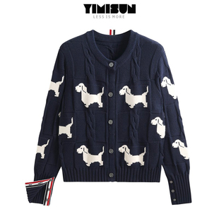 YIMISUN百搭设计感狗狗提花麻花慵懒圆领针织开衫 外套 女上衣短款