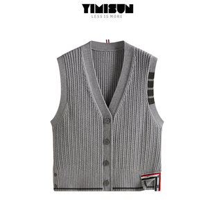 YIMISUN四道杠立体麻花针织马甲学院风减龄无袖叠穿毛衣上衣坎肩