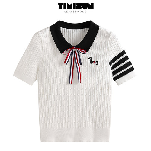 蝴蝶结小狗刺绣麻花针织短袖翻领