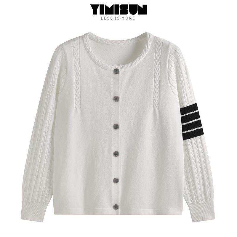 YIMISUN别致感简约百搭圆领条纹麻花拼接针织开衫女绞花宽松外套