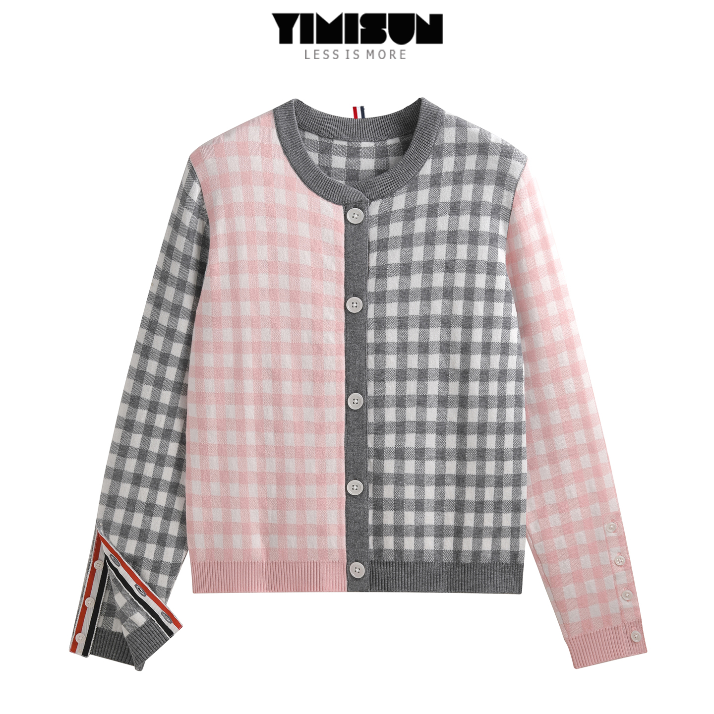 学院风撞色格子纹圆领针织开衫