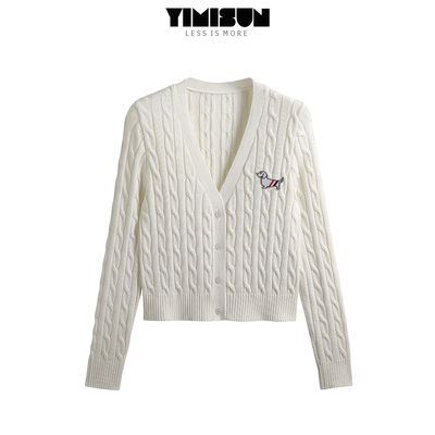 小狗刺绣麻花v领针织开衫