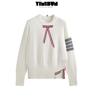 YIMISUN设计感学院风蝴蝶结别针圆领四条杠针织套头女打底衫上衣
