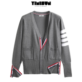 外套男女情侣装 V领宽松毛衣开衫 条纹开衫 YIMISUN四杠春秋针织衫