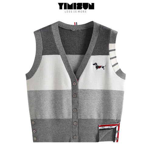 小狗刺绣拼色条纹叠穿针织马甲女