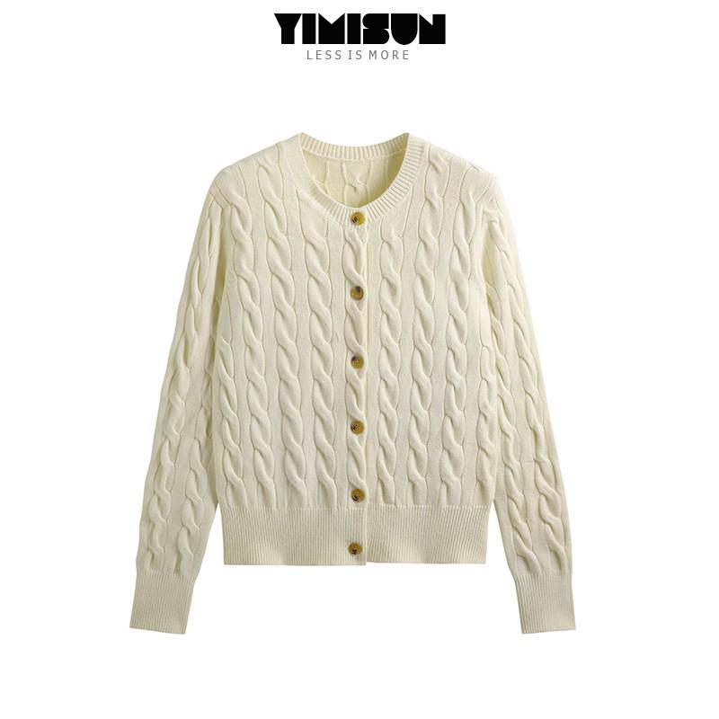 YIMISUN学院风百搭绞花复古正肩针织开衫女麻花毛衣外套女上衣潮