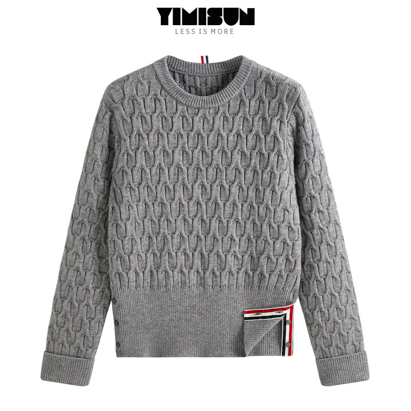 YIMISUN复古设计感麻花减龄绞花圆领套头针织打底衫修身显瘦上衣