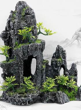 #鱼缸假山树脂造景石头养鱼用品龟鱼缸装饰水族箱虾躲避洞黄一