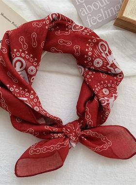 ins韩系红色棉麻小方巾丝巾女春秋季韩版百搭装饰小领巾头巾发带