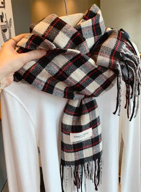 韩版黑色格子仿羊绒围巾女冬季百搭学生情侣加厚保暖披肩围脖男士