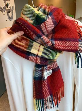 韩国款红色羊毛混纺格子围巾女秋冬季百搭学生加厚保暖披肩围脖潮