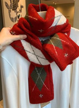 韩国款复古红色菱格羊毛混纺针织围巾女冬季百搭加厚保暖毛线围脖