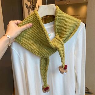 卡通可爱搞怪球球针织小披肩围巾女春秋季韩版百搭保暖三角巾围脖