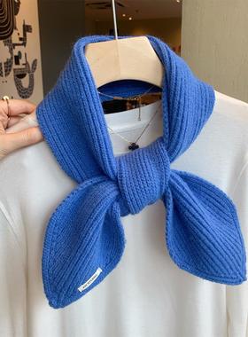 克莱因蓝色显白针织小围巾女秋冬季韩版百搭学生保暖打结毛线围脖