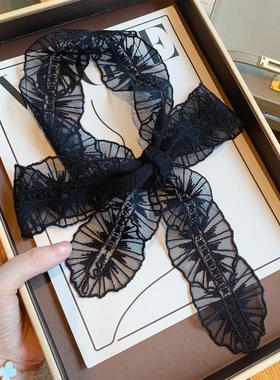 时尚黑色蕾丝长条小丝巾女春秋季百搭装饰小领巾绑包包飘带发带潮