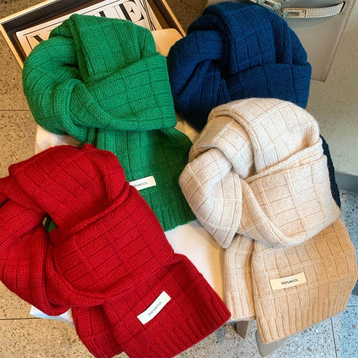 出口韩国~100%澳洲纯羊毛针织围巾女冬季百搭学生情侣保暖围脖男