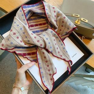复古花朵条纹小丝巾女春秋季韩版百搭三角巾装饰披肩领巾围巾头巾