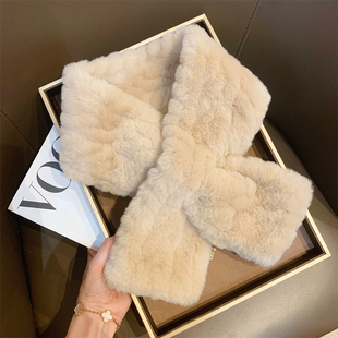 高级感软糯仿獭兔毛毛绒围巾女冬季百搭保暖学生情侣交叉毛领围脖