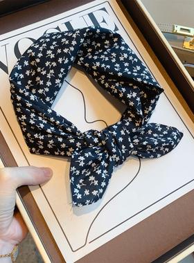 时尚黑色碎花纯棉小丝巾女春秋季韩版百搭薄款小方巾装饰领巾发带