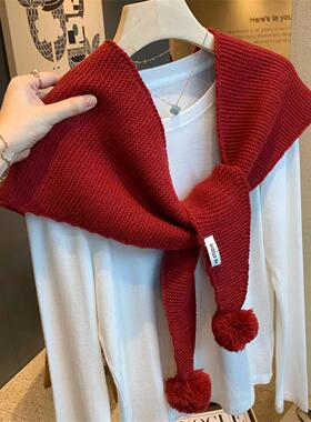 可爱球球红色针织披肩围巾女秋冬季韩版百搭三角巾加厚保暖围脖潮