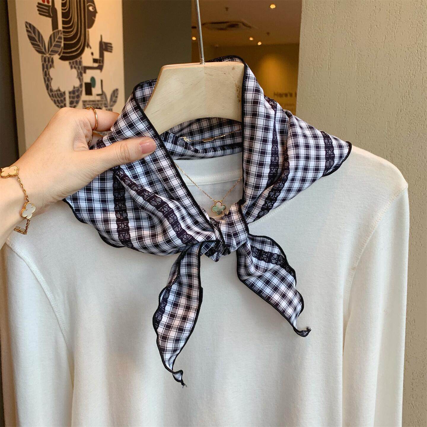 2026春秋季新款格子纯棉小丝巾女韩版百搭装饰三角巾披肩领巾头巾