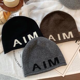 韩国款字母含羊毛帽子女护耳显脸小盆帽保暖冷帽情侣针织毛线帽男