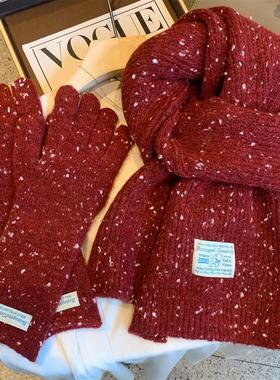 韩国款红色雪花含羊毛针织围巾手套两件套女冬季百搭加厚保暖围脖