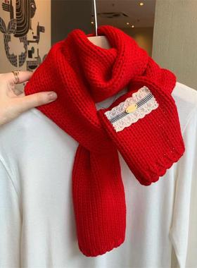 韩国款红色针织小围巾女冬季韩版百搭学生少女短款保暖毛线围脖潮