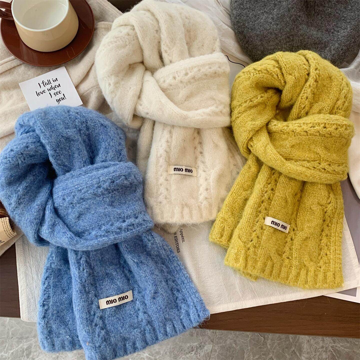 糯叽叽~韩国款羊毛混纺针织围巾女冬季纯色百搭学生加厚保暖围脖