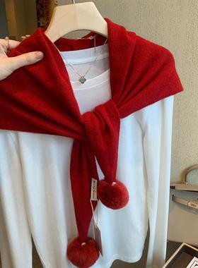 圣诞红色氛围100%纯羊毛三角巾披肩围巾女秋冬季韩版加厚保暖围脖