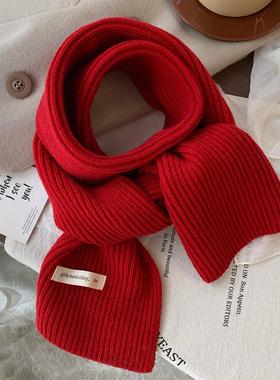 圣诞新年红色氛围针织小围巾女冬季韩版百搭学生加厚保暖毛线围脖