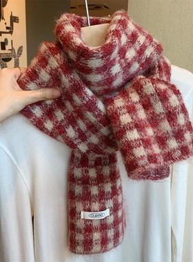 ins韩系红色小格子羊毛混纺针织围巾女冬季百搭学生加厚保暖围脖