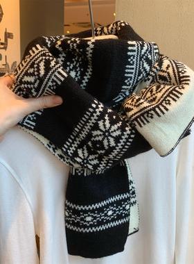 费尔岛黑色提花双面针织围巾女冬季韩版百搭学生情侣保暖毛线围脖