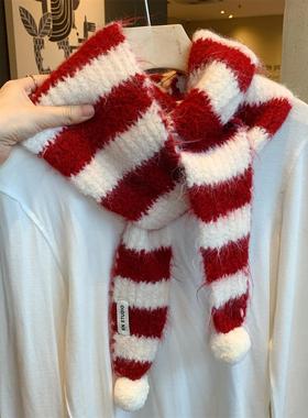 ins韩系红色条纹球球软糯针织小围巾女冬季百搭加厚保暖毛线围脖