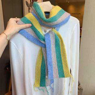 饰小领巾围脖 百搭装 韩国egg时尚 拼色细窄长条针织小围巾女秋冬季