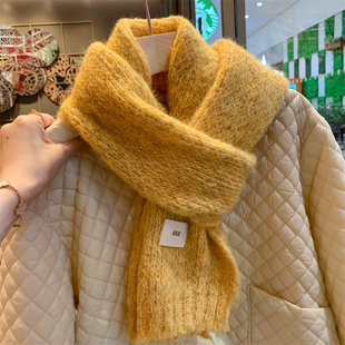 韩国ggg黄色软糯针织围巾女冬季新款纯色百搭ins保暖学生毛线围脖