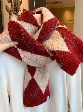 韩版氛围感圣诞红色菱格针织围巾女冬季韩版百搭学生加厚保暖围脖
