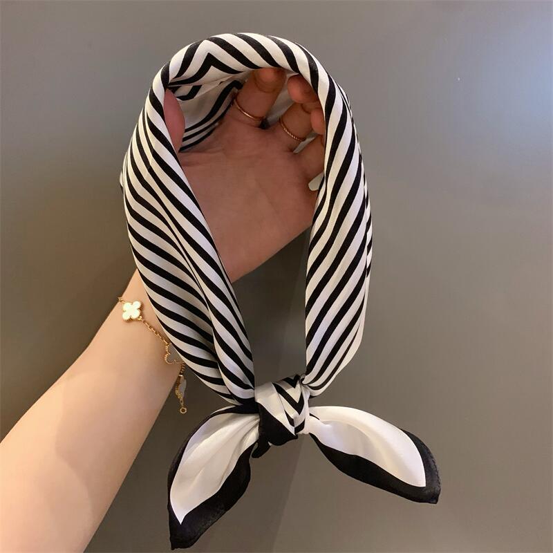 气质简约条纹100%桑蚕丝丝巾女春秋季韩版百搭真丝小方巾领巾围巾