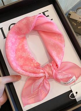 粉色樱花少女棉麻小方巾女春秋季百搭薄款透气小丝巾装饰领巾发带