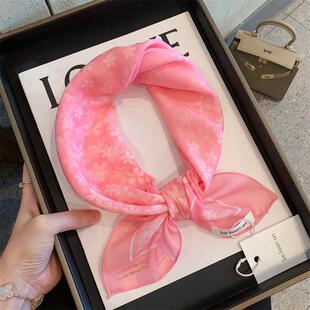 饰领巾发带 透气小丝巾装 粉色樱花少女棉麻小方巾女春秋季 百搭薄款