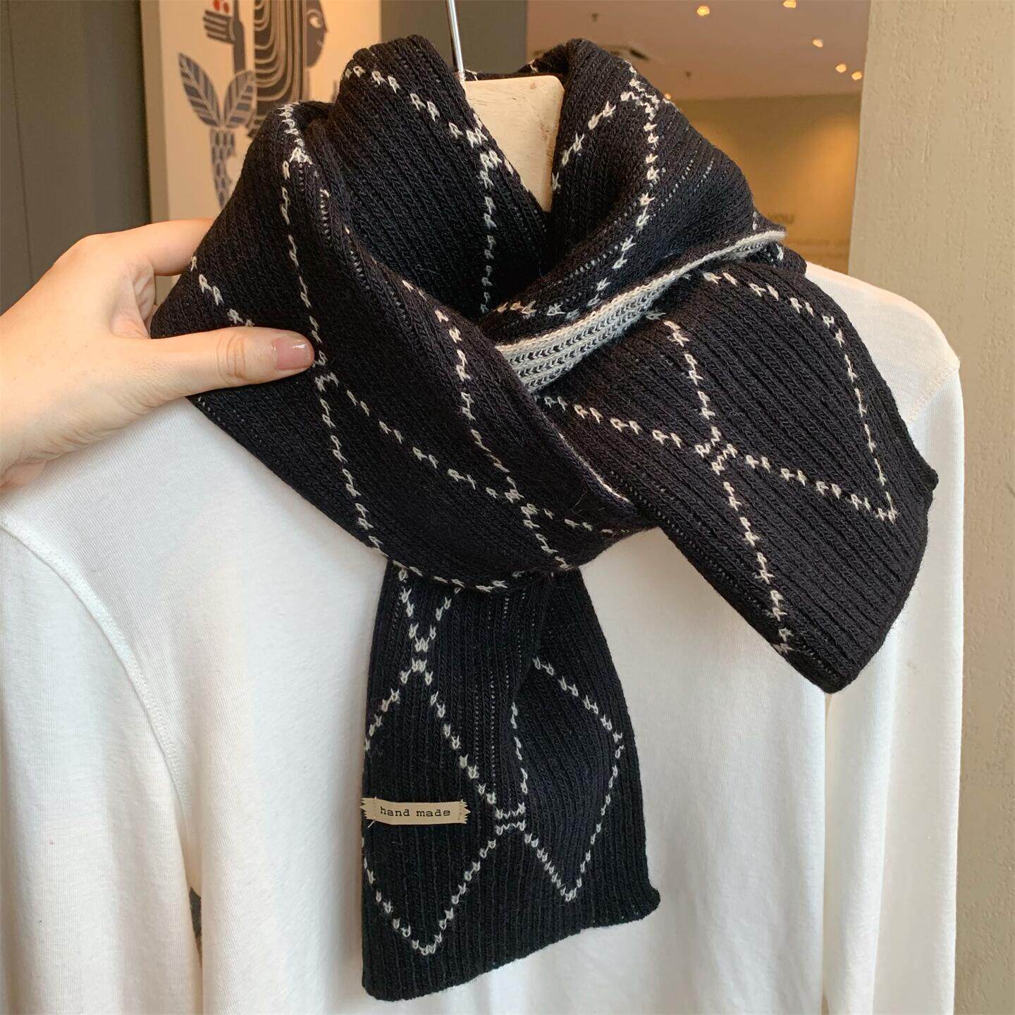 大牌风黑色菱形格子针织围巾女冬季韩版百搭情侣加厚保暖毛线围脖