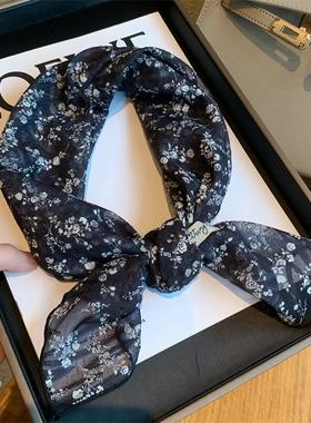 韩版黑色碎花棉麻小方巾女春秋季百搭薄款小丝巾装饰领巾围巾头巾