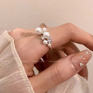 繁星锆石珍珠戒指女轻奢高级感尾戒素圈戒指女小众设计开口食指环