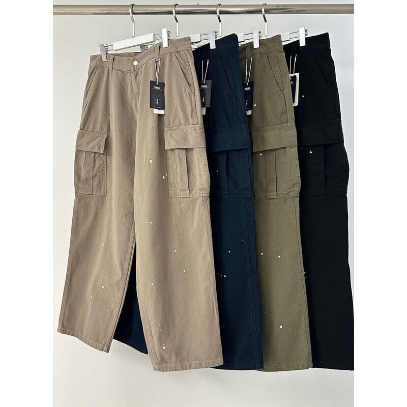 韩国代购大码男装东大门PURE小蓝标复古油漆点大口袋工装休闲裤