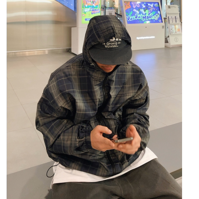 东大门代购男装韩国防风外套速干连帽拉链格子减龄宽松日常百搭