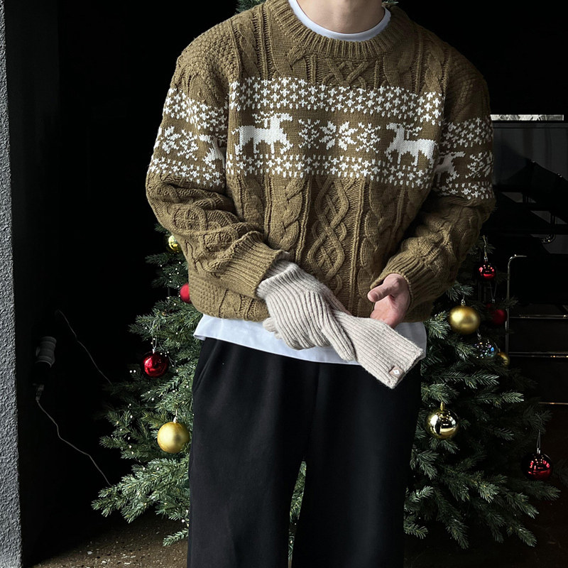 小北韩国代购男装东大门针织衫立体麻花纹理撞色麋鹿提花羊毛毛衣