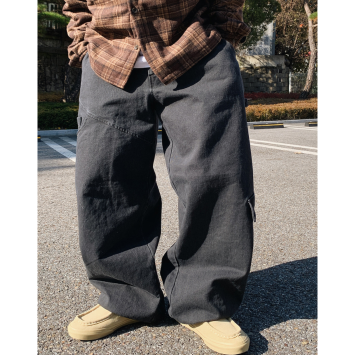 小北韩国代购男装东大门休闲裤水洗百搭多口袋半松紧直筒阔腿长裤