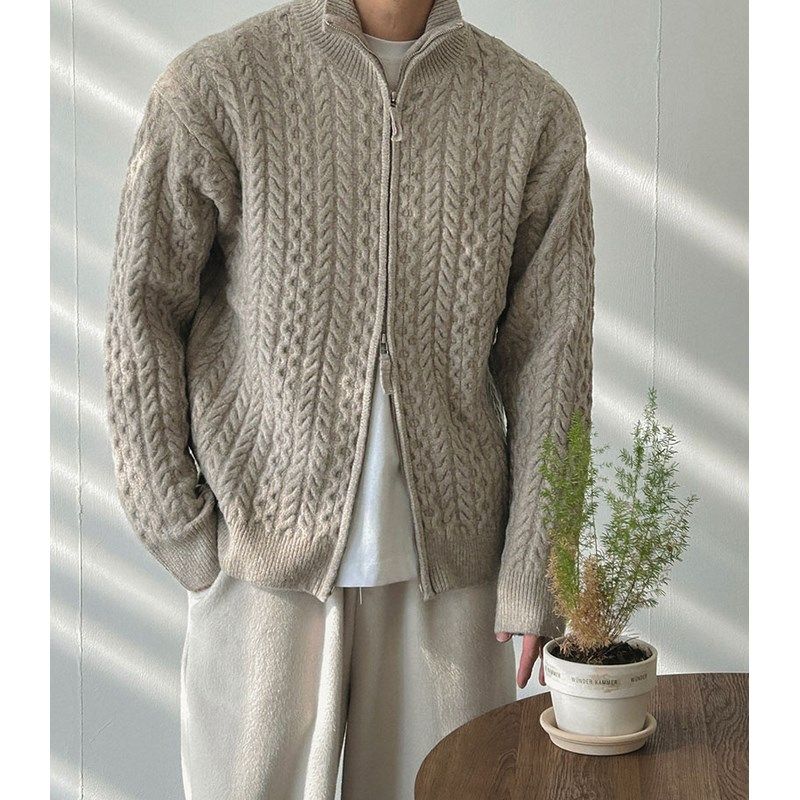 小北韩国代购男东大门东大门针织开衫立领慵懒休闲立体麻花纹毛衣