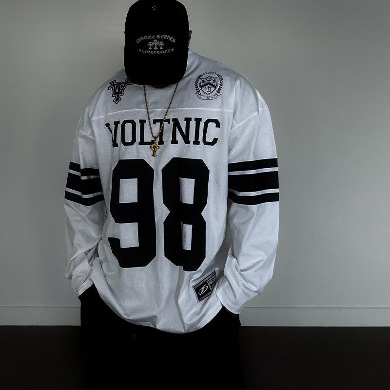 小北韩国代购男装东大门运动拼接网眼字母棒球网眼印花长袖T恤