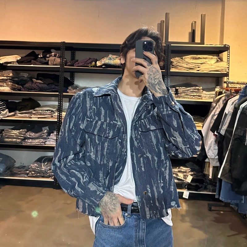 韩国代购男装东大门牛仔夹克外套破损翻领双贴口袋设计短款高街风